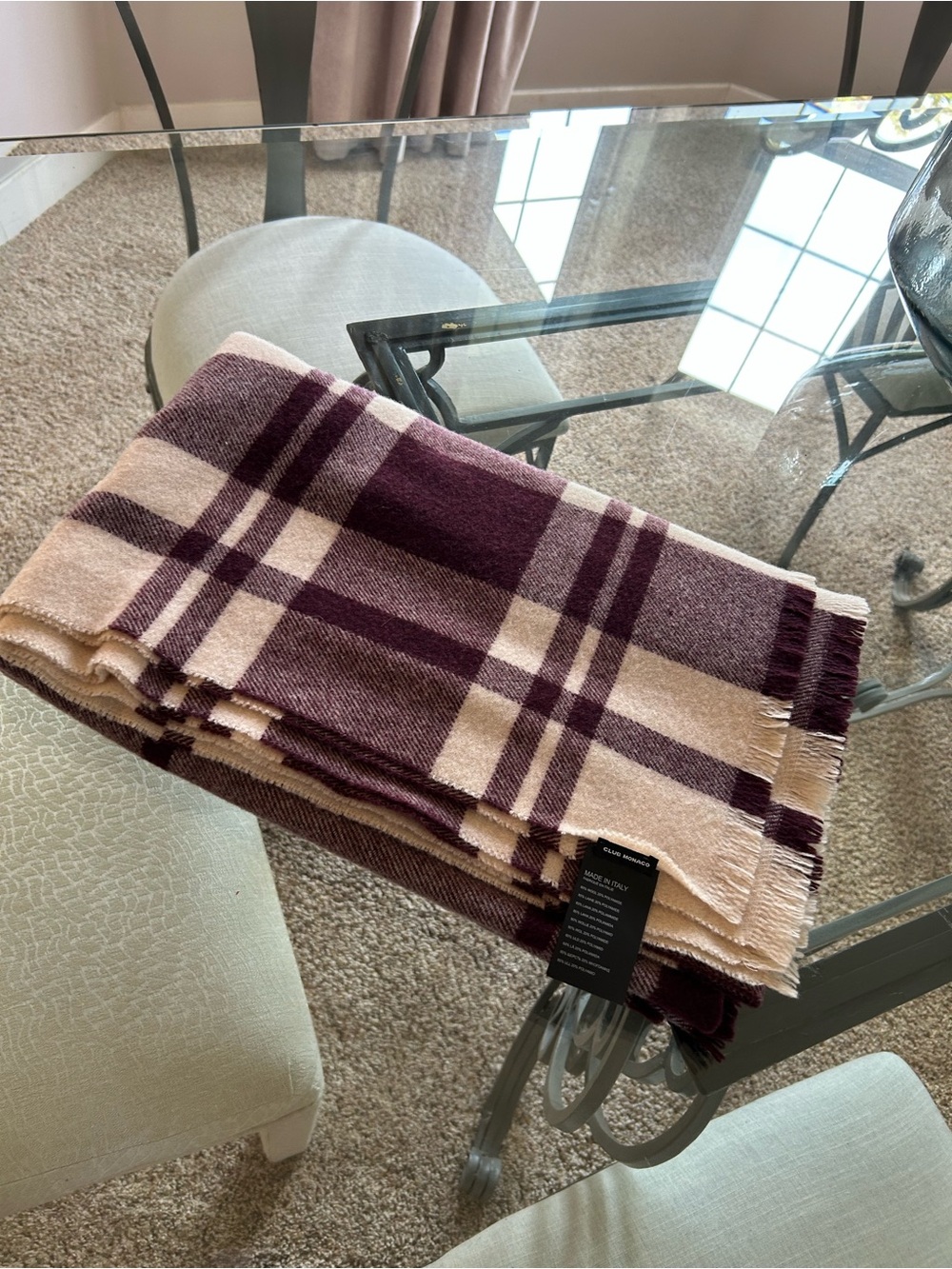 Club Monaco Burgundy and Cream Plaid Throw